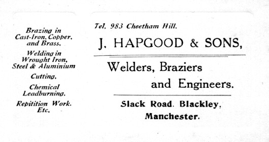 Business card for James Hapgood's brazing business